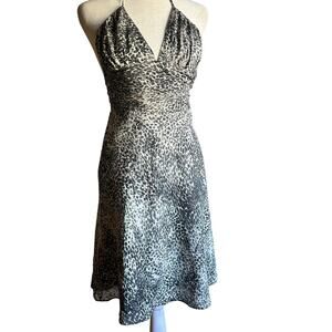 EXPRESS | Y2K Vintage Silk Leopard Print Halter Fit and Flare Ruched Dress Sz 0